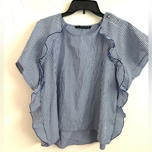 Zara Blouse XL Fairycore Peasant Blue White Stripe Ruffle Sleeve Cottagecore - Picture 2 of 7